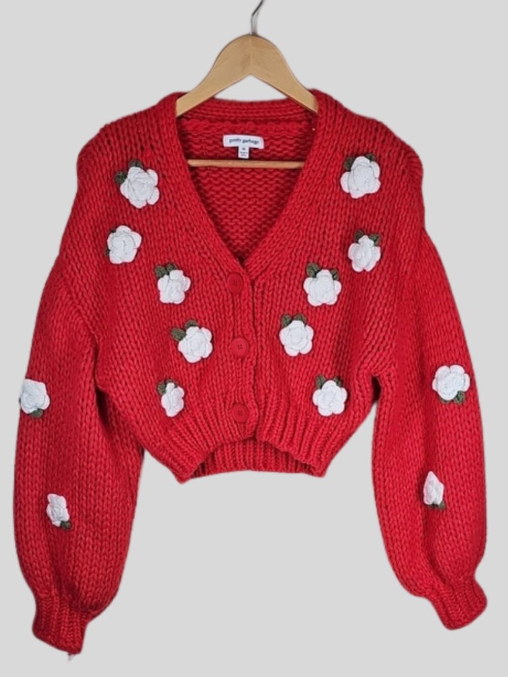 Pretty Garbage Red Knit Cardigan M Rose Applique Crop Cottagecore Coquette